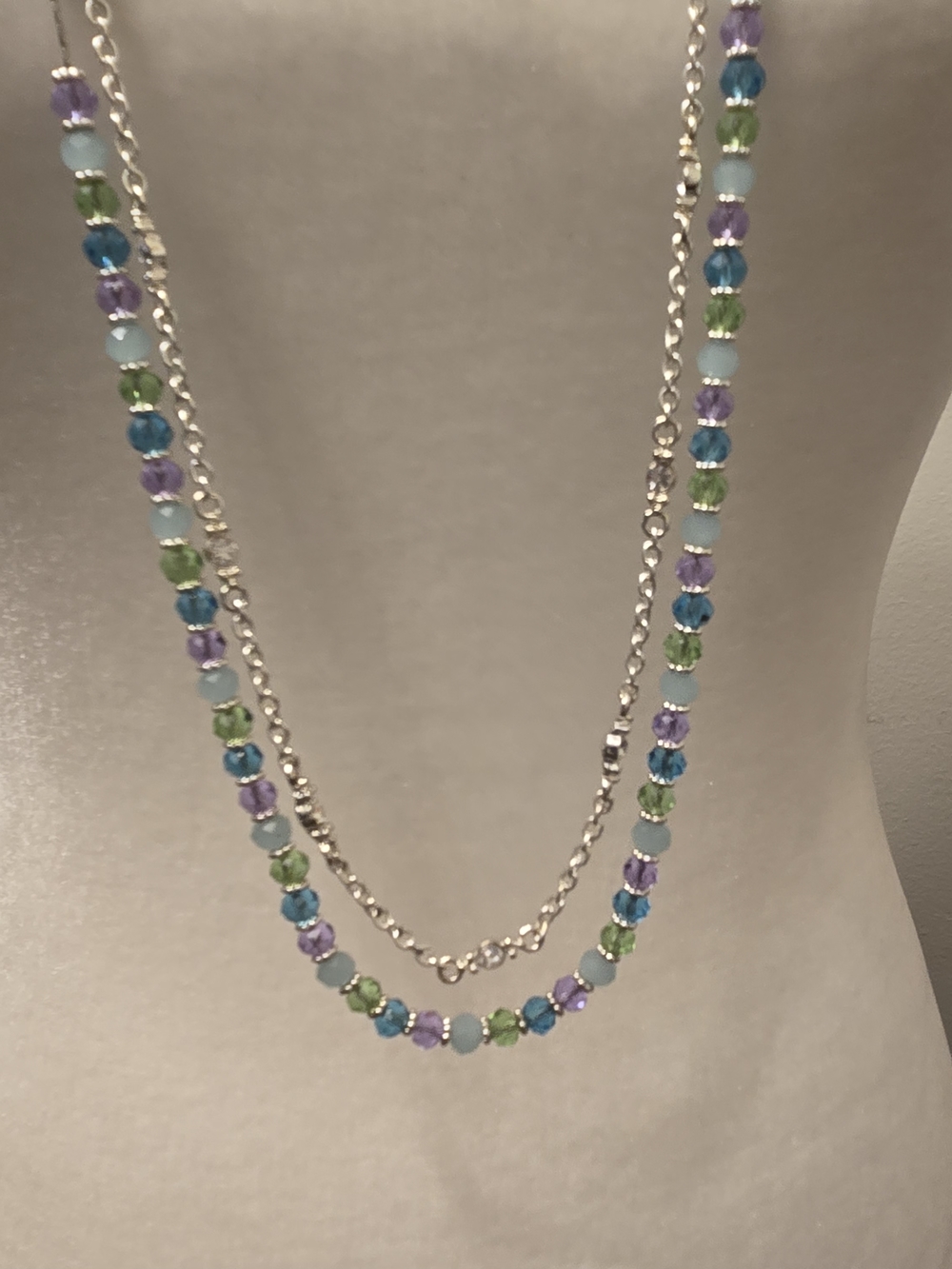 Swarovski Silver-Tone Layered Bead Necklace with Blue, Green & Purple Accents